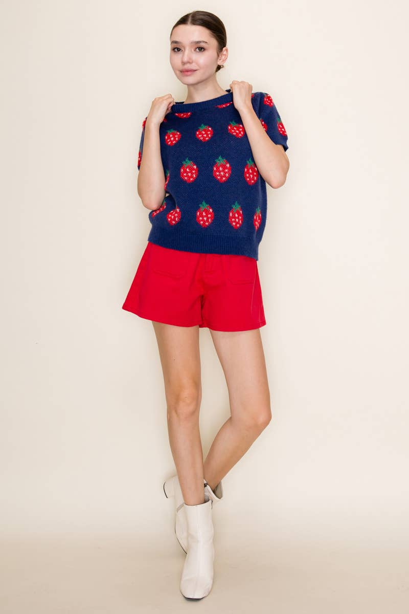 Navy Strawberry Knit Short Sleeve Top