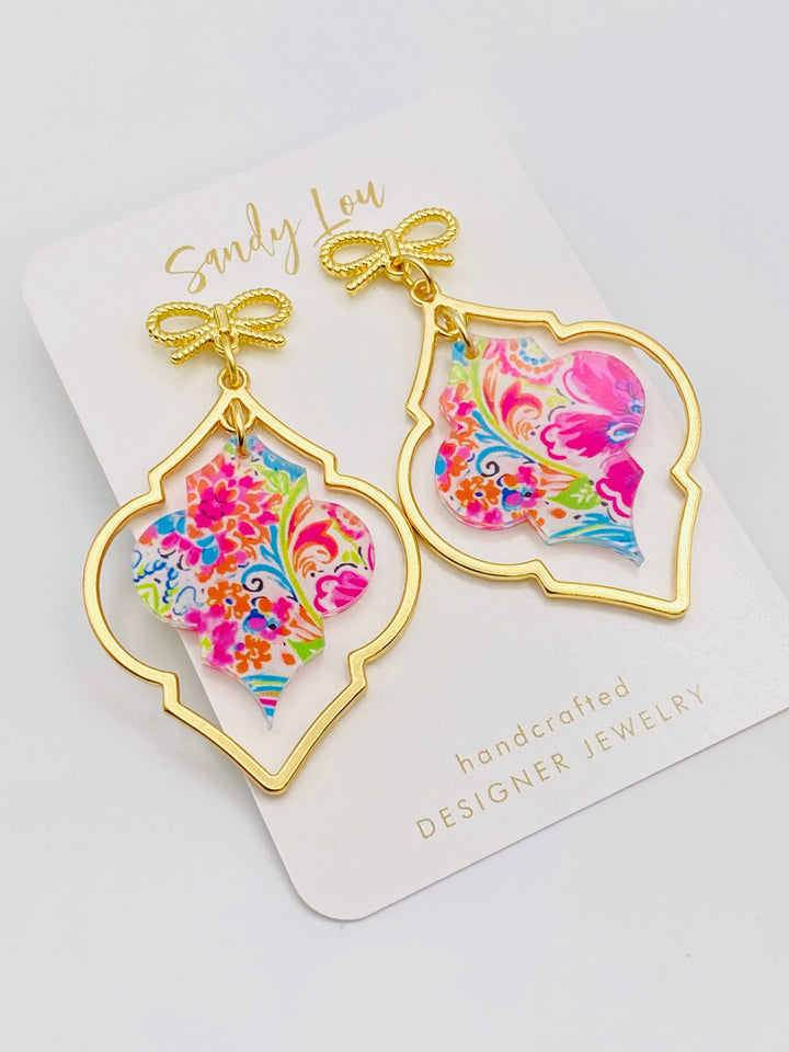 Golden Bow Dazzle Acrylic Dangle Earrings