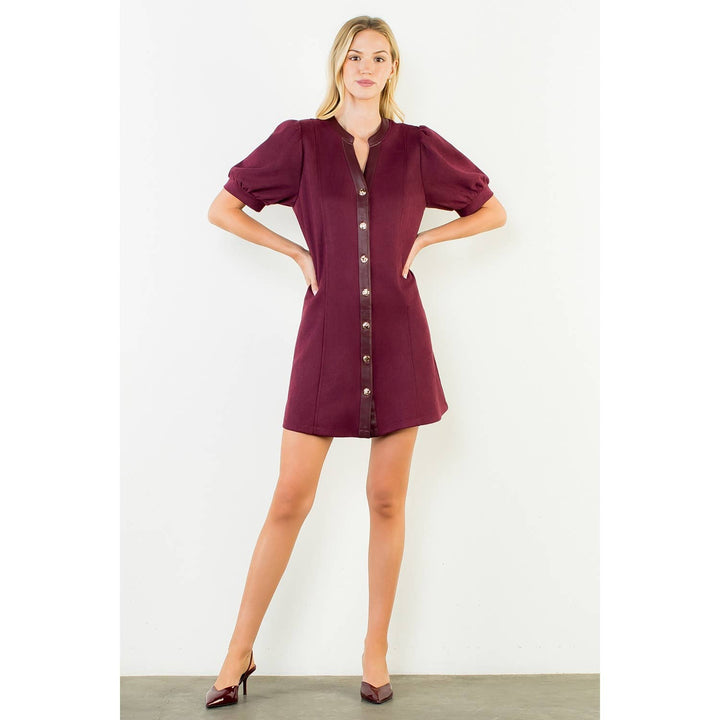 Burgundy Suede Short Dress With Gold Buttons