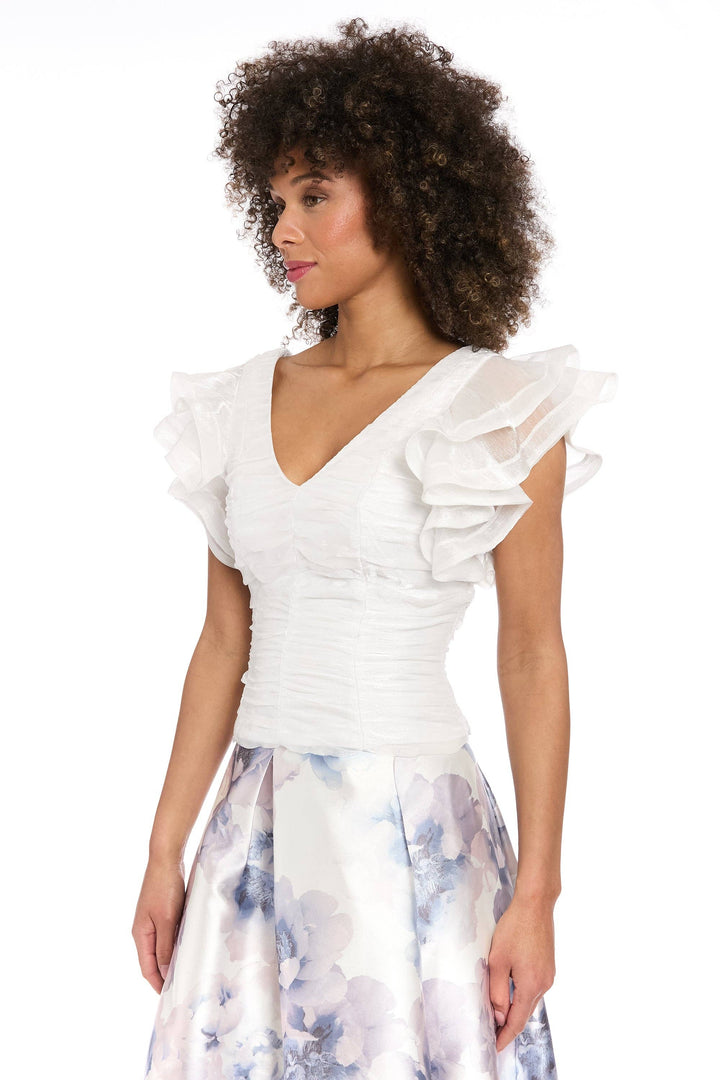 Muse V-Neck Tucked Bodice Flounce Sleeve Top
