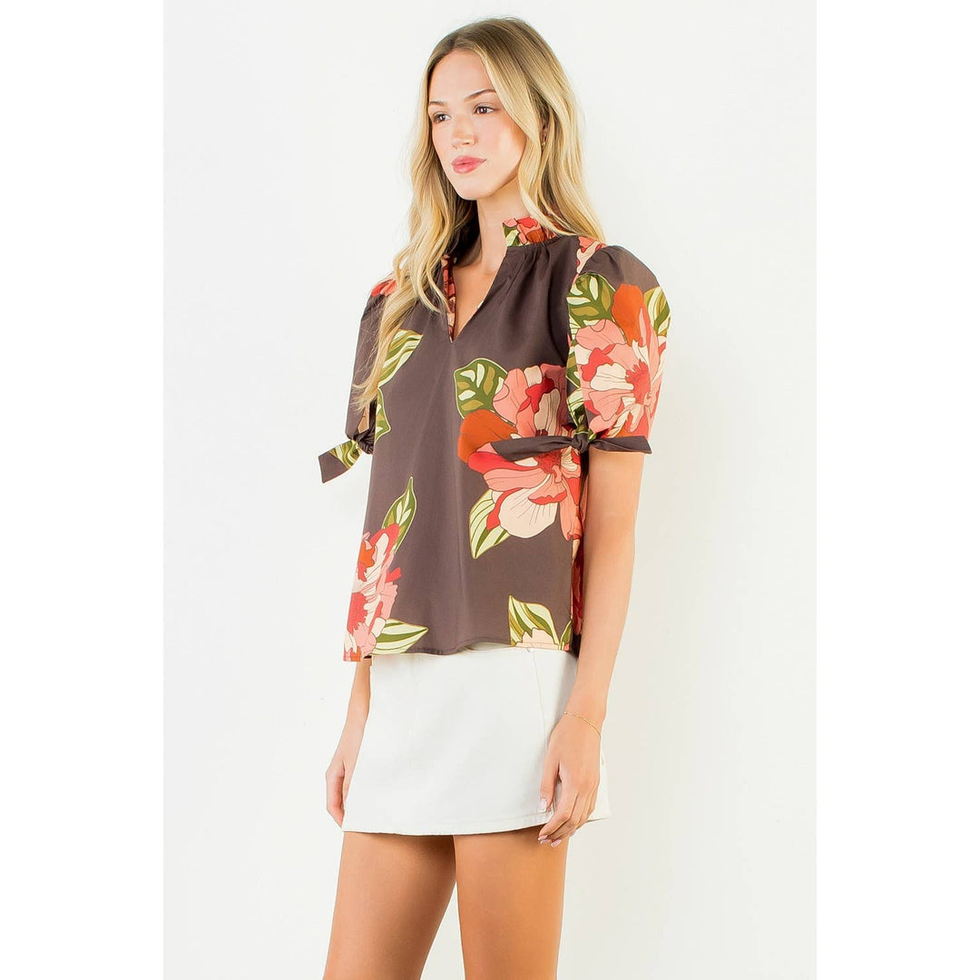 Ruffled Floral Top With Bow Tie Sleeve
