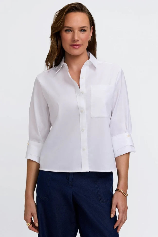Foxcroft White Jodie Roll Tab Sleeve Short Shirt