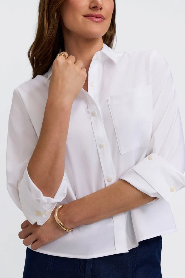 Foxcroft White Jodie Roll Tab Sleeve Short Shirt
