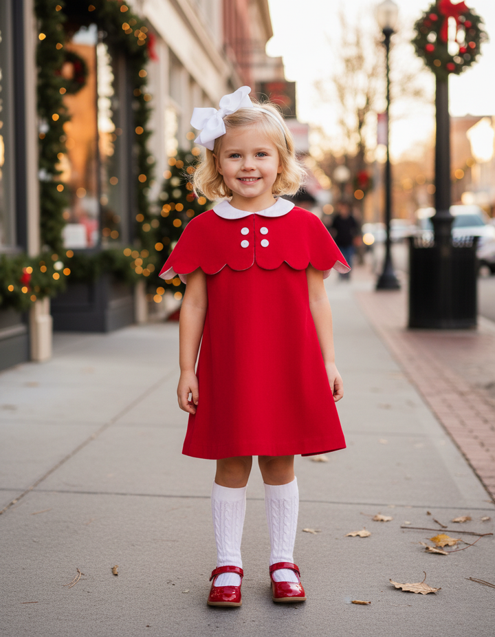 The Capelet Dress in Evelyn - Red Pinwale Corduroy