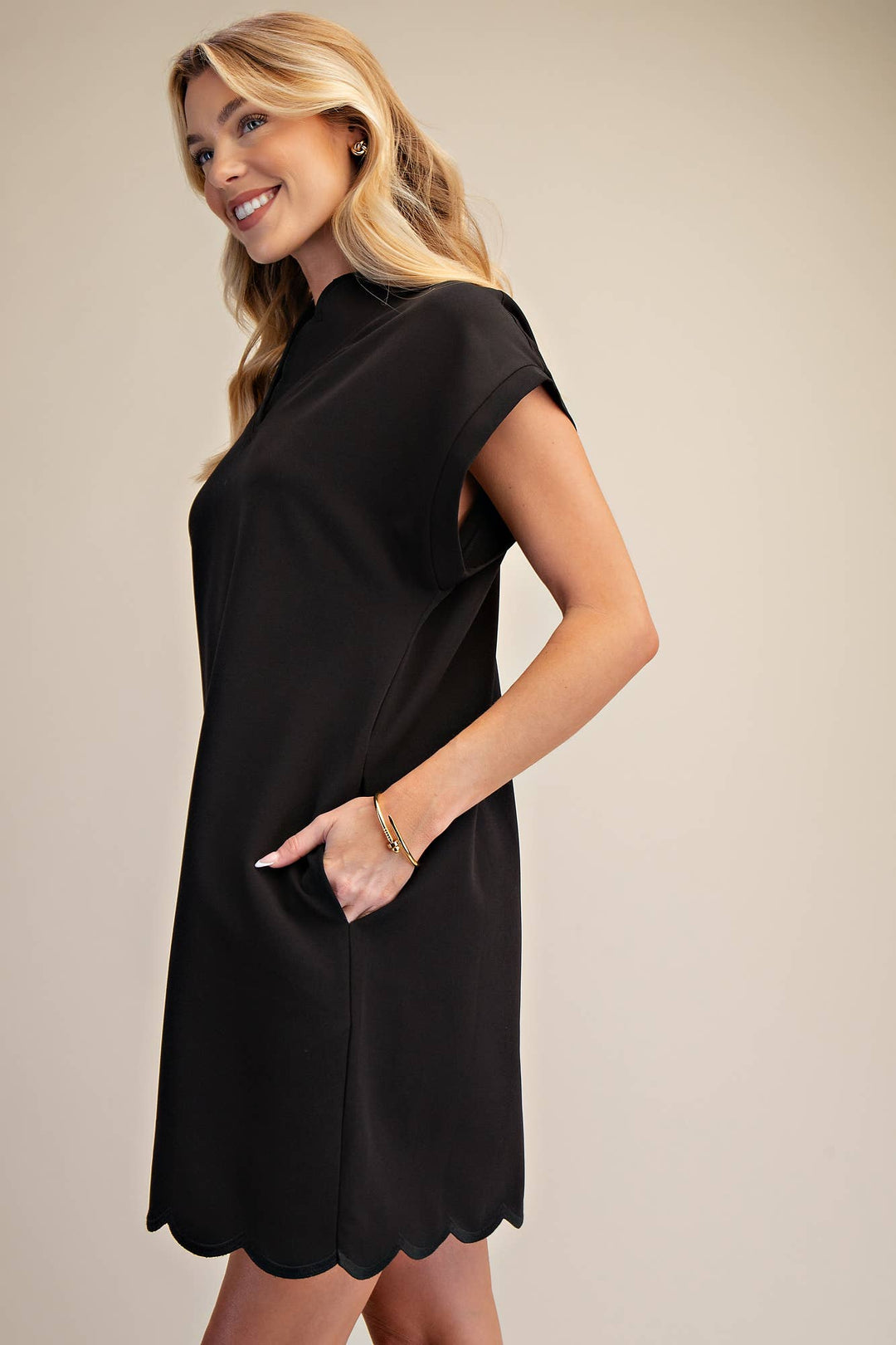 Black Scallop V-Neck Mini Dress