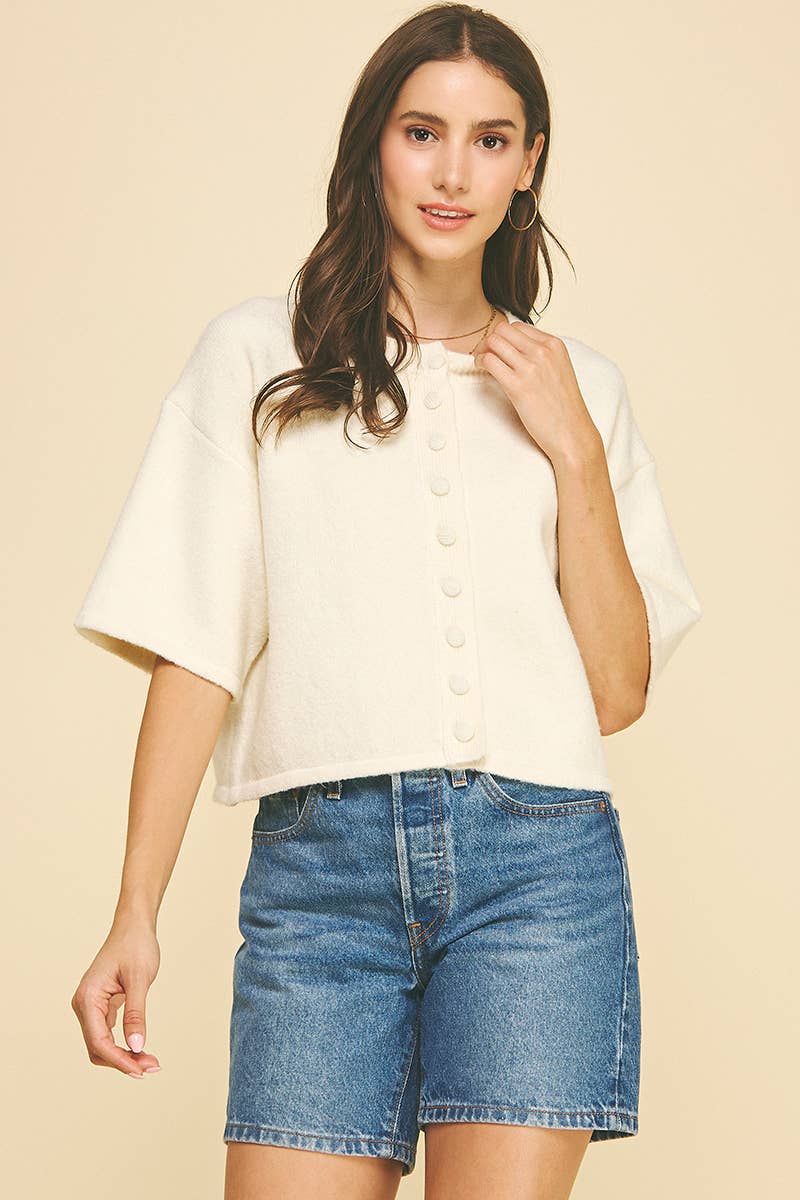 Pinch Button Down Short Sleeve Sweater