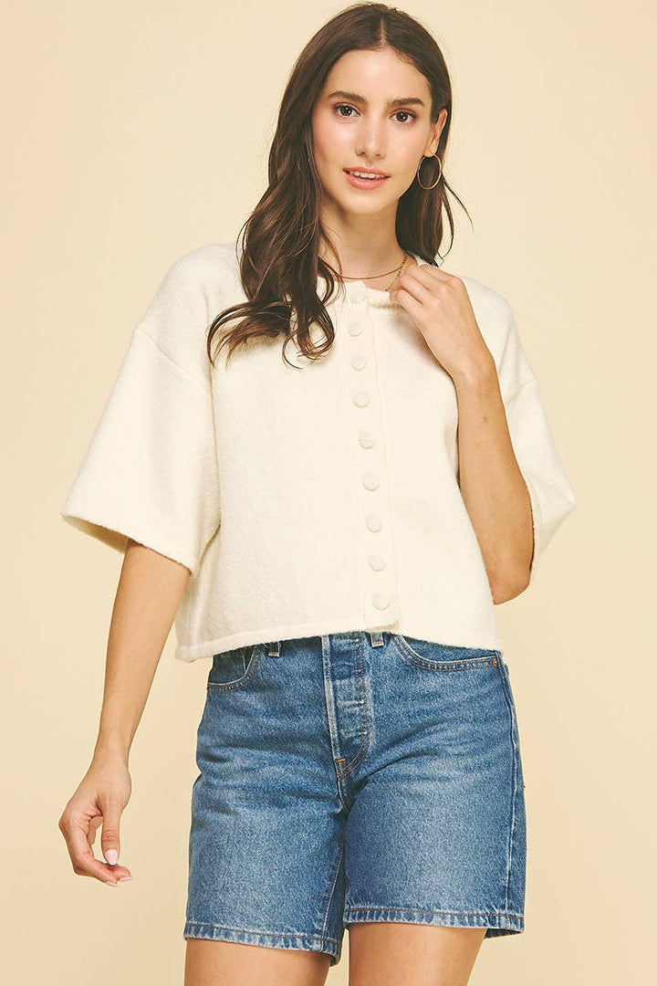 Pinch Button Down Short Sleeve Sweater