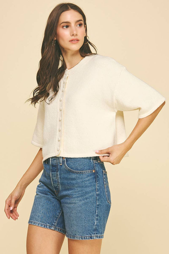 Pinch Button Down Short Sleeve Sweater