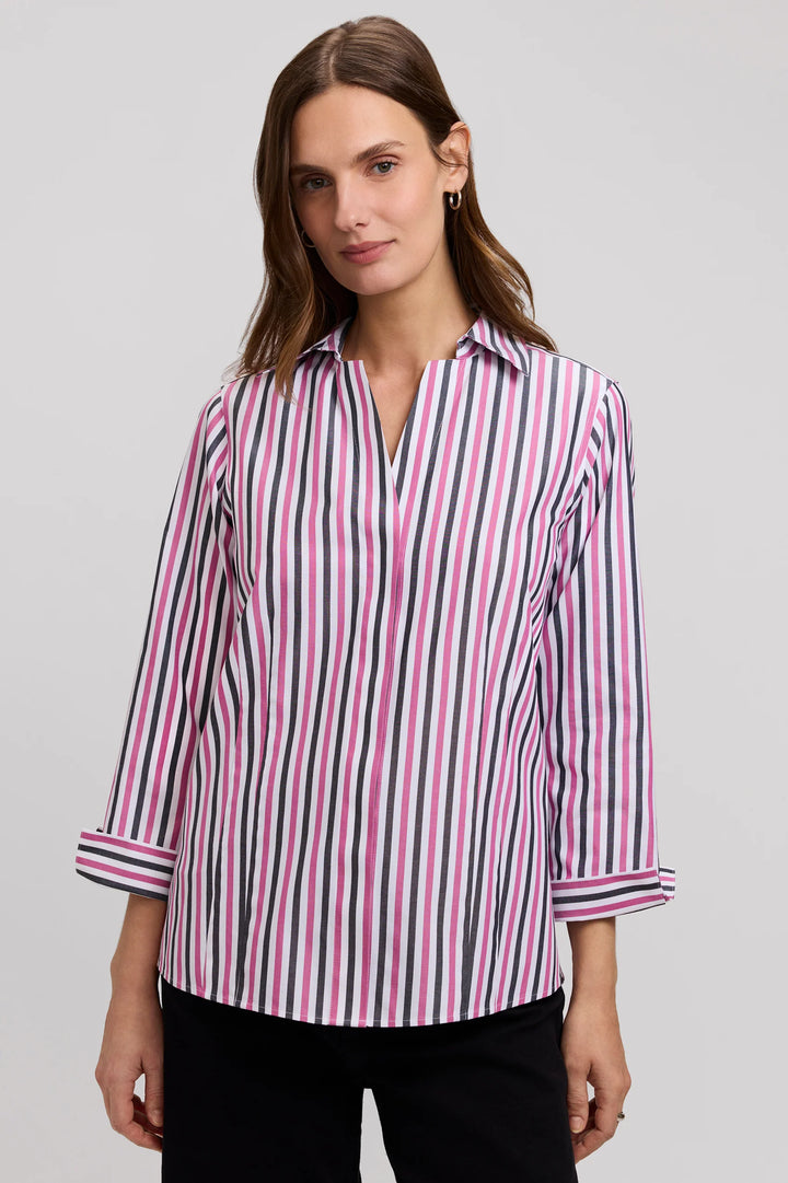 Foxcroft Pomegranate Multi Taylor No Iron Pinpoint Stripe 3/4 Sleeve Shirt