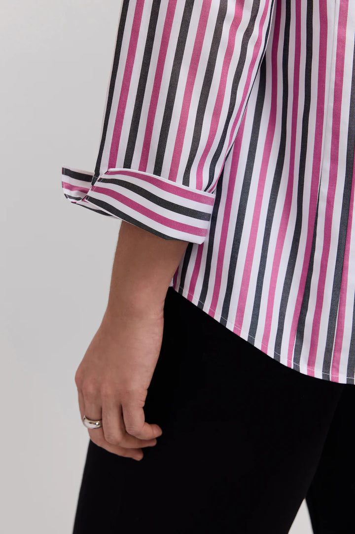 Foxcroft Pomegranate Multi Taylor No Iron Pinpoint Stripe 3/4 Sleeve Shirt
