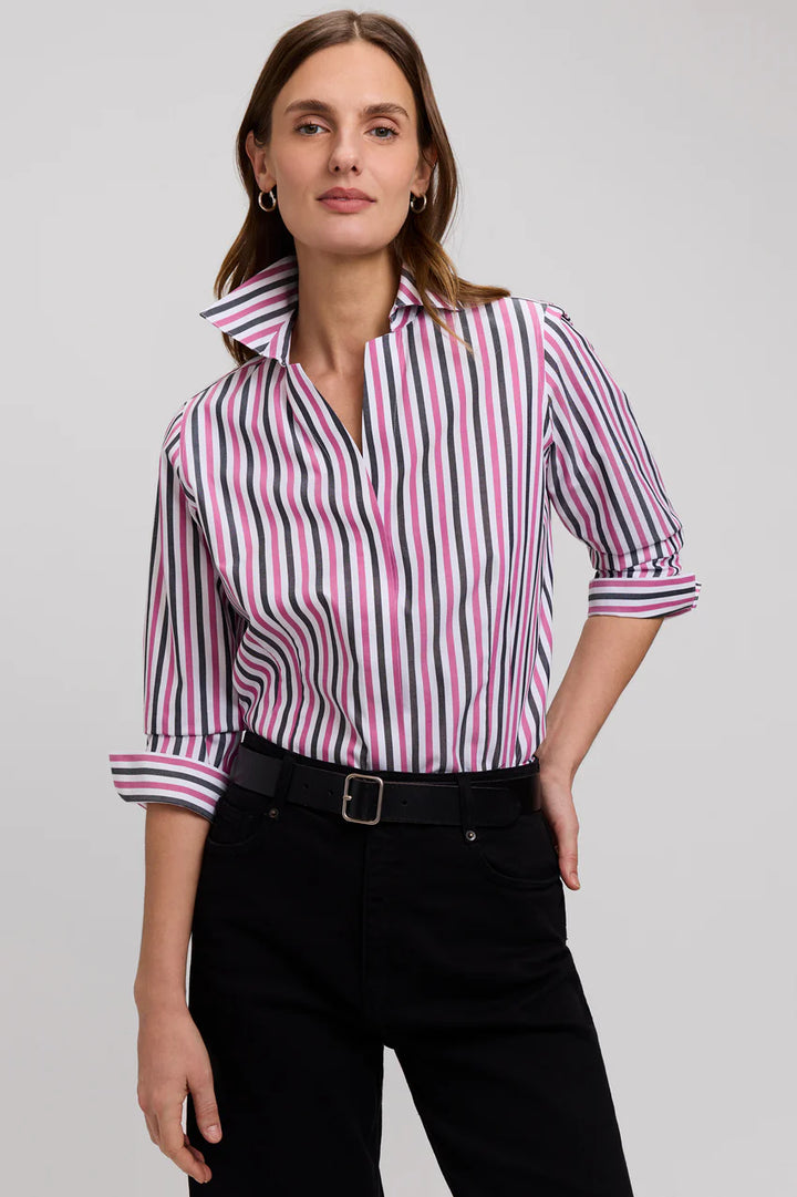 Foxcroft Pomegranate Multi Taylor No Iron Pinpoint Stripe 3/4 Sleeve Shirt
