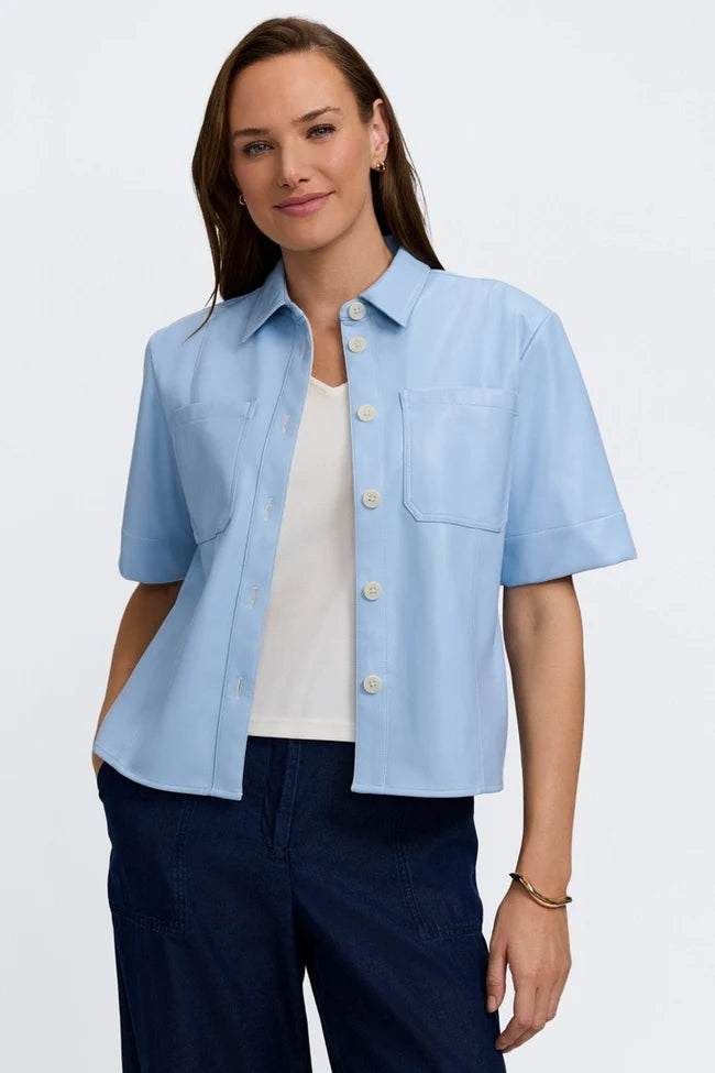 Foxcroft Sky Blue Demi Vegan Leather Elbow Sleeve Shirt Jacket