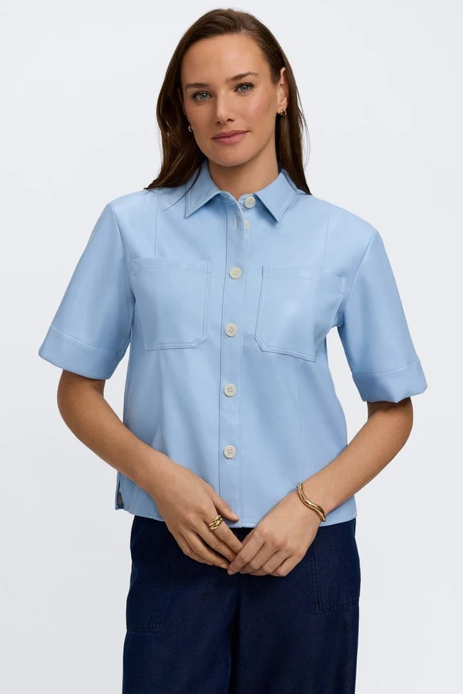 Foxcroft Sky Blue Demi Vegan Leather Elbow Sleeve Shirt Jacket