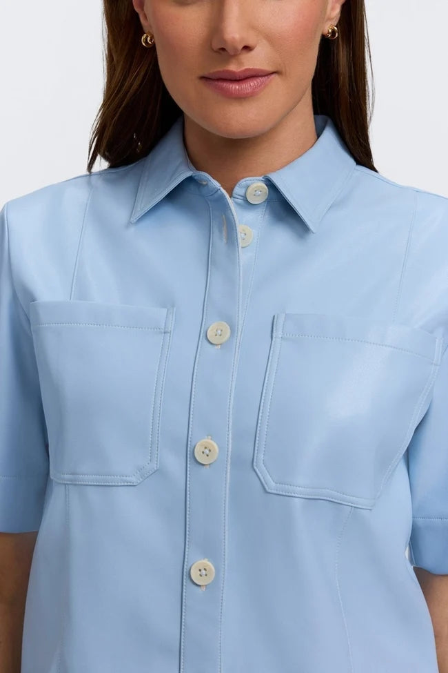 Foxcroft Sky Blue Demi Vegan Leather Elbow Sleeve Shirt Jacket