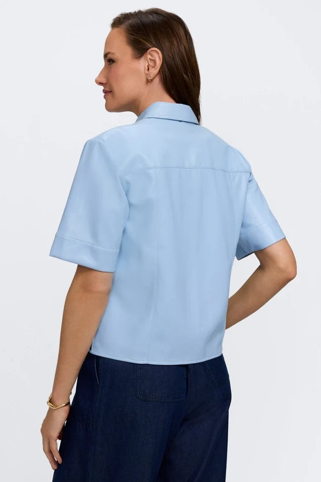 Foxcroft Sky Blue Demi Vegan Leather Elbow Sleeve Shirt Jacket