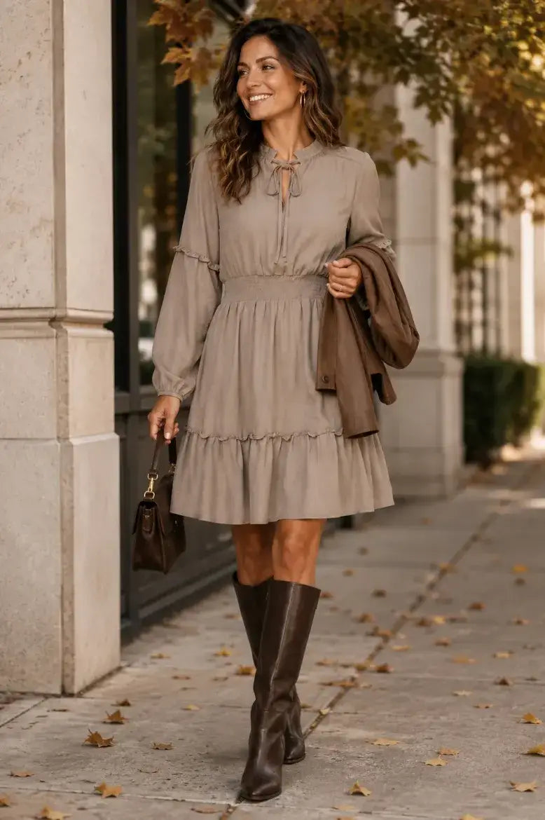 Air Flow Balloon Sleeve Tie Front Dress