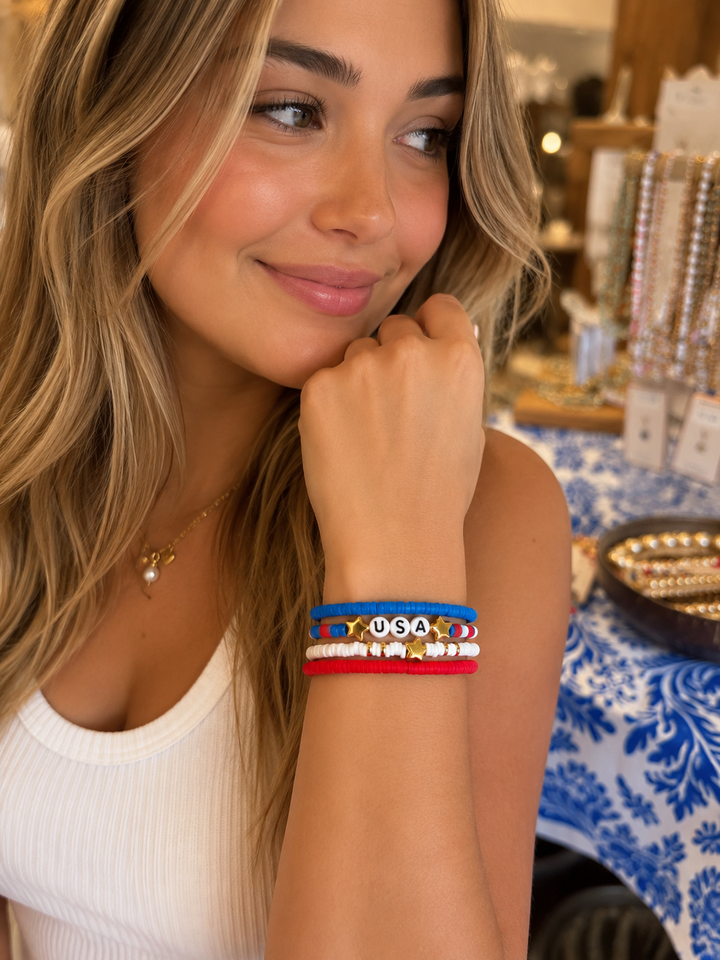 Set of 4 Red, White, & Blue USA Stretchy Bracelets