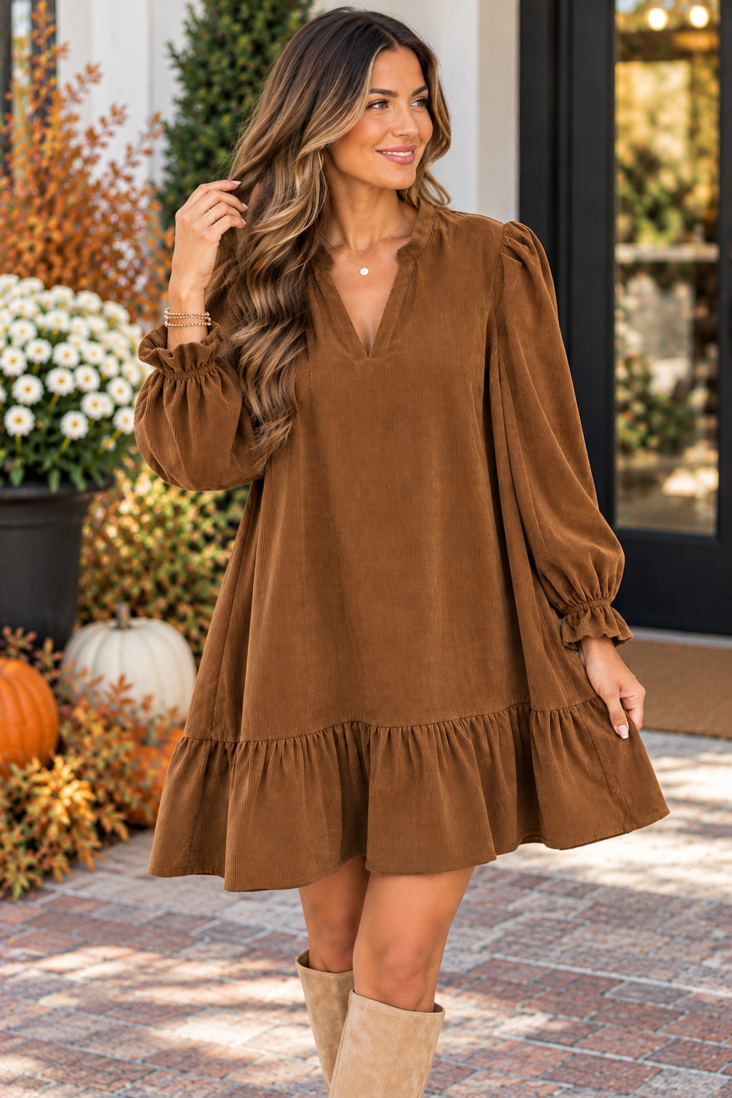 Joy Joy Brown Collar Flounced Dress