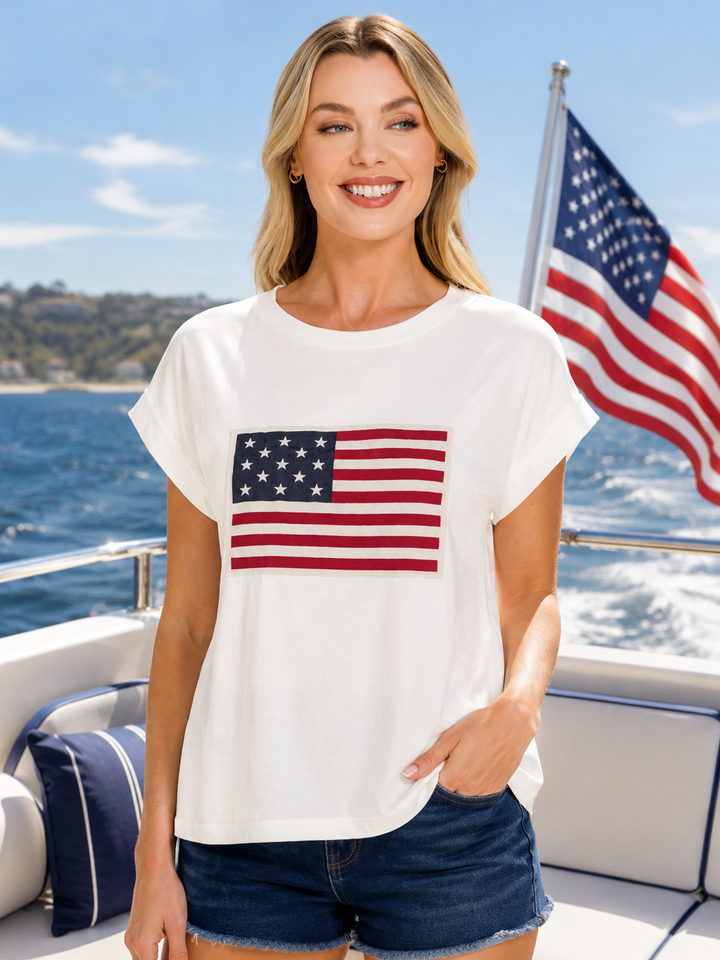 Zenana White American Flag Tee