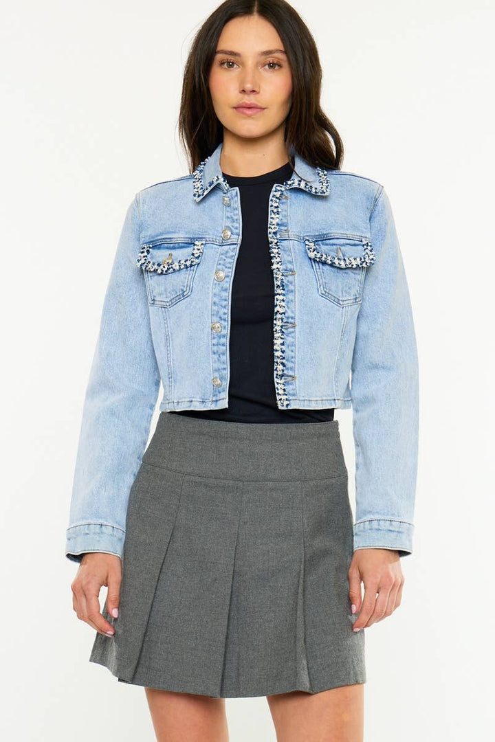 BOUCLE TRIM CROP DENIM JACKET-KC2242L