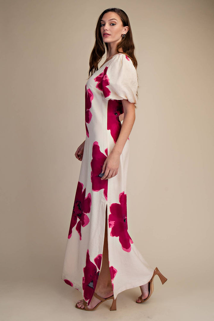 Glam Floral Puff-Sleeve A-Line Maxi Dress