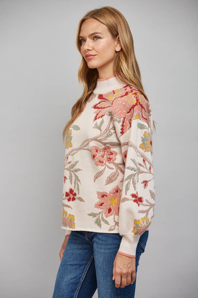 FLORAL PATTERN JACQUARD KNIT MOCK NECK SWEATER FW10926