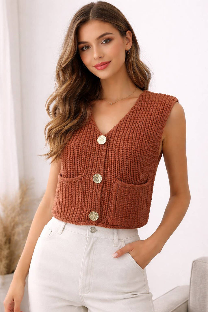 GOLD BUTTON CLOSURE CHUNKY RIBBED KNIT VEST FW14182