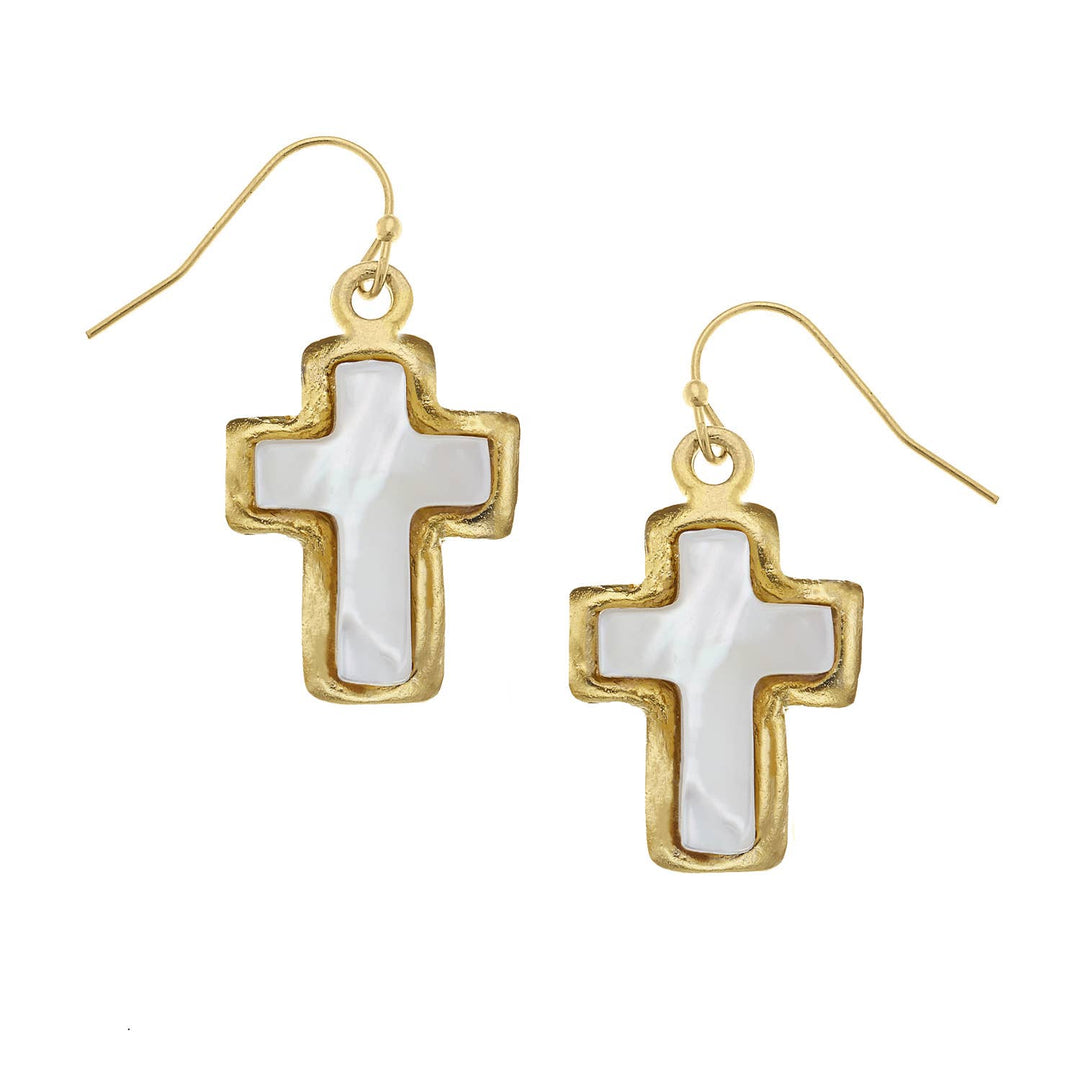 Susan Shaw Mother of Pearl Cross Drop Earrings