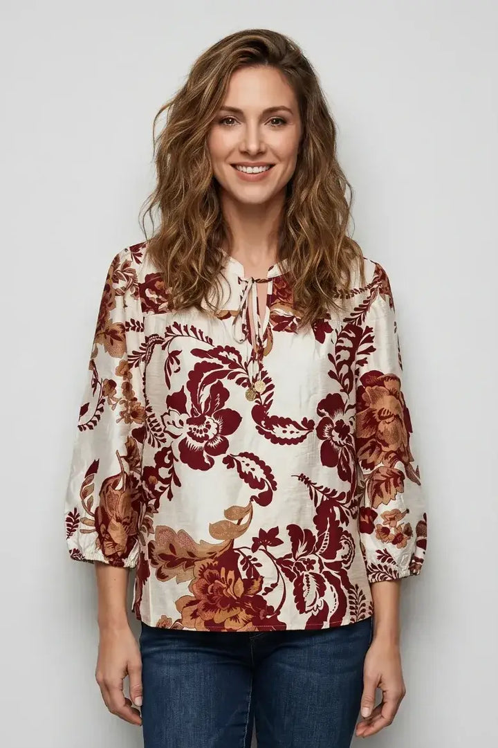 Linique Floral Tie Front Balloon Sleeve Blouse