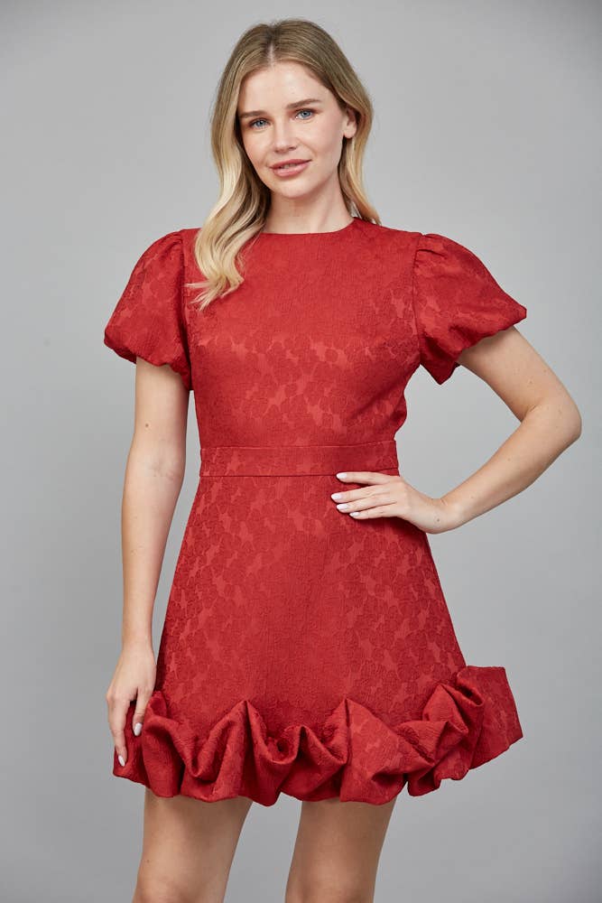 Fate Jacquard Fabric Short Puff Sleeve Ruffle Dress- Red