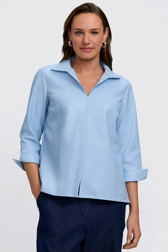 Foxcroft Sky Blue Agnes Vegan Leather Long Sleeve Popover Shirt