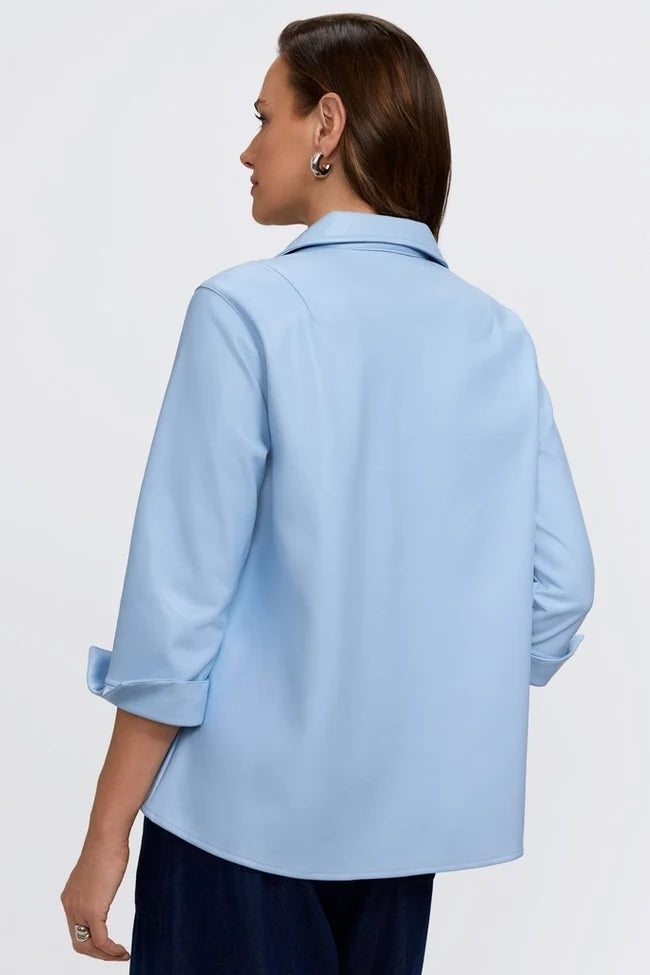Foxcroft Sky Blue Agnes Vegan Leather Long Sleeve Popover Shirt