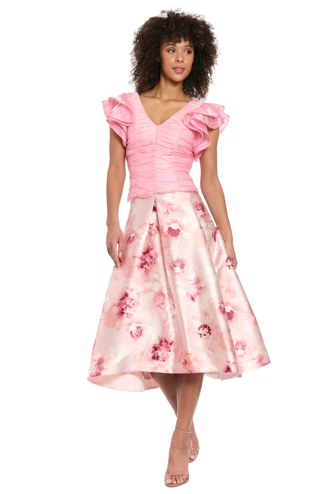 Muse V-Neck Tucked Bodice Flounce Sleeve Top