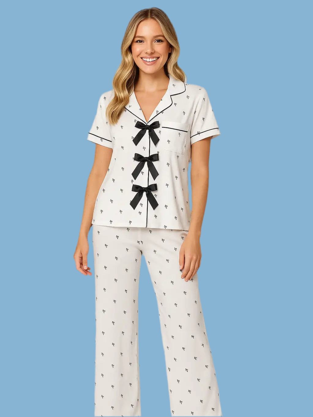 Pine Apparel Black and White Bow Pattern Pajama Set