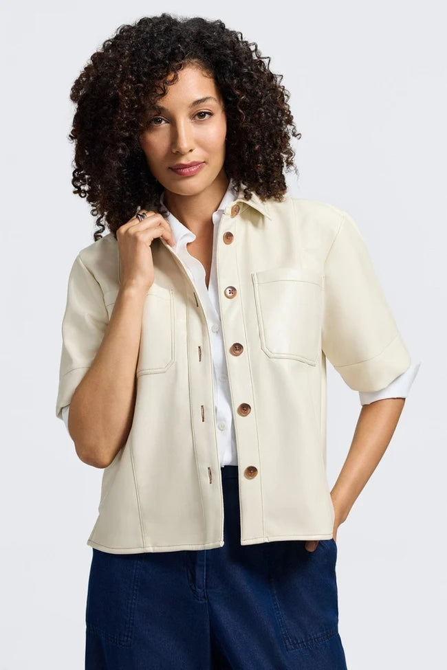 Foxcroft Cream Demi Vegan Leather Elbow Sleeve Shirt Jacket