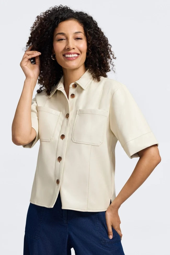 Foxcroft Cream Demi Vegan Leather Elbow Sleeve Shirt Jacket