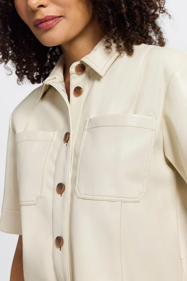 Foxcroft Cream Demi Vegan Leather Elbow Sleeve Shirt Jacket