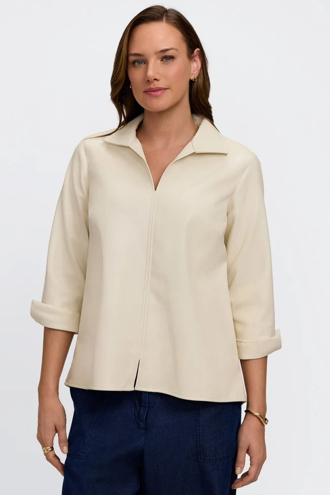 Foxcroft Cream Agnes Vegan Leather Long Sleeve Popover Shirt