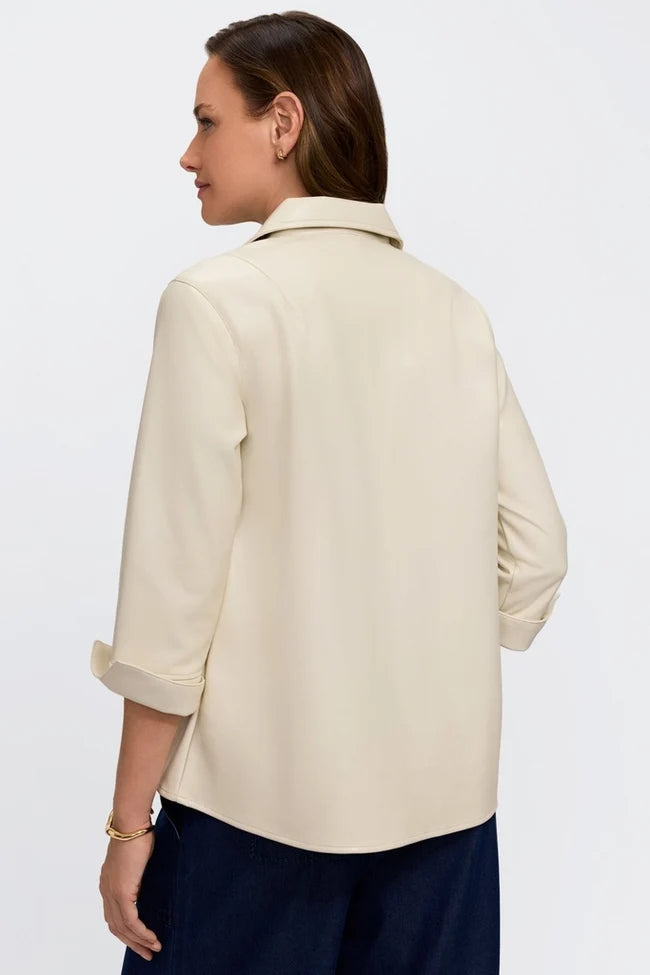 Foxcroft Cream Agnes Vegan Leather Long Sleeve Popover Shirt