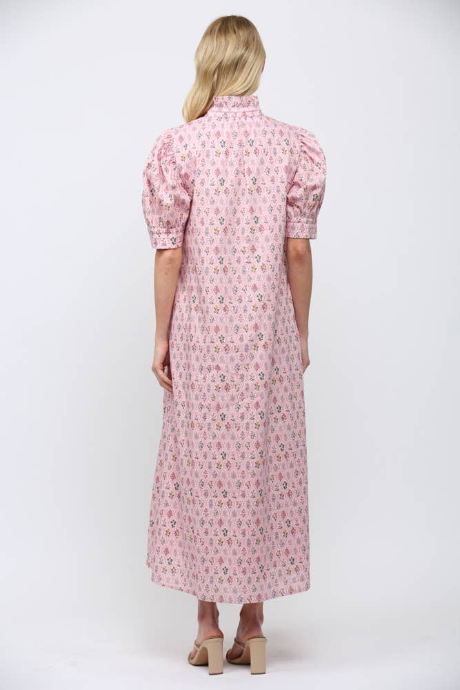 Fate Floral Hight Ruffled Mock Neck Button Down Maxi Dress