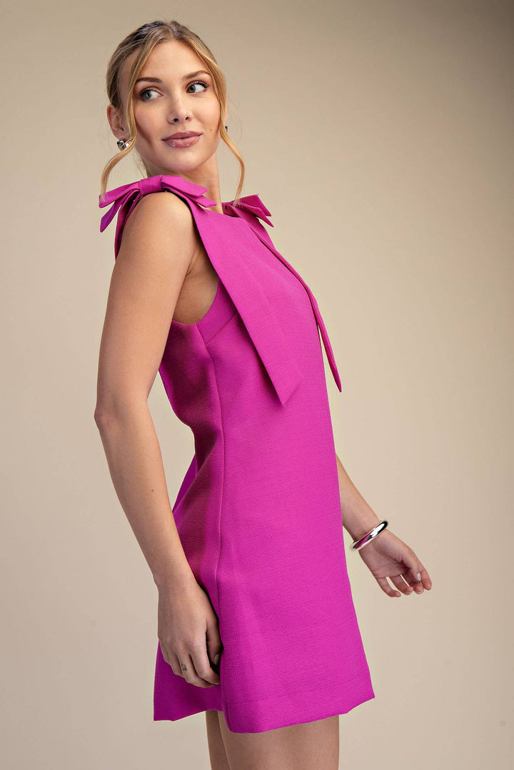 Bow Strap Mini Dress With Straight Neckline
