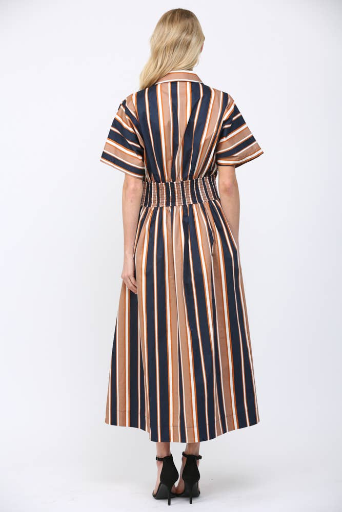 STRIPE PRINT CINCHED WAIST DOLMAN SLV SHIRT DRESS FD35727