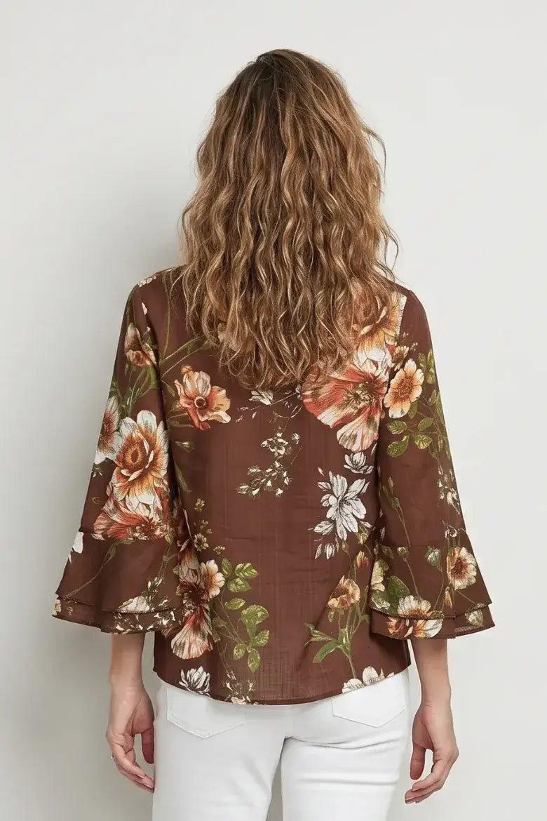 Linique Floral Ruffle Sleeve Button Front Top
