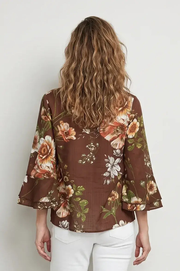 Linique Floral Ruffle Sleeve Button Front Top