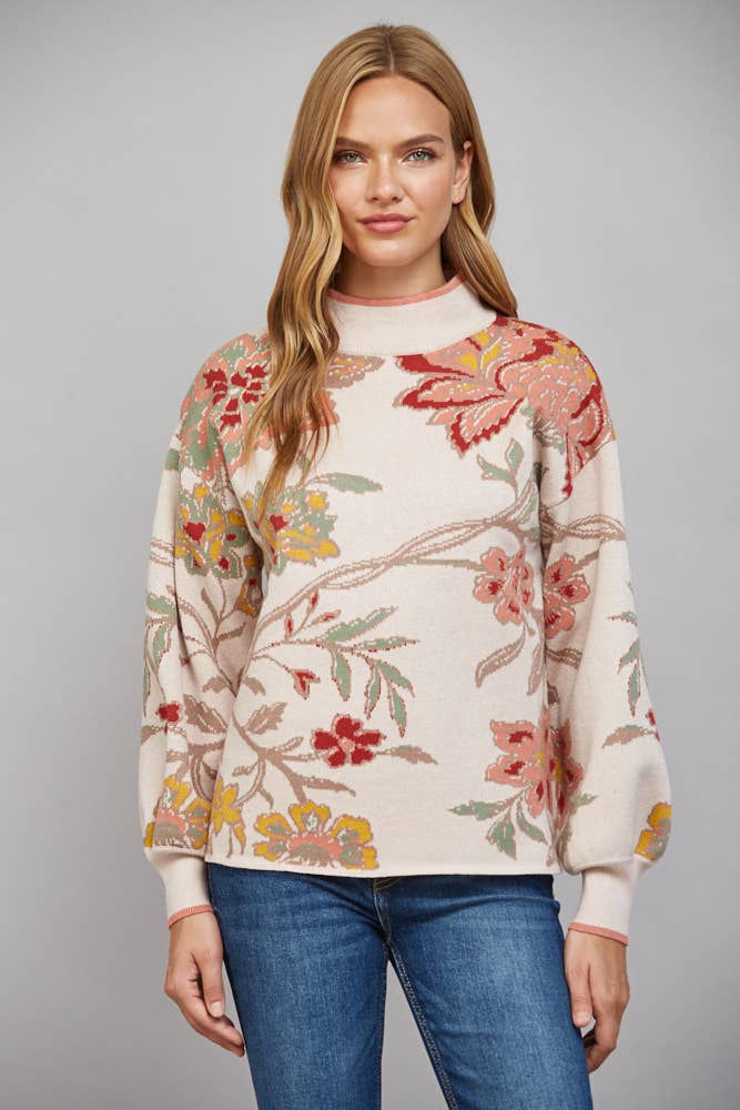 FLORAL PATTERN JACQUARD KNIT MOCK NECK SWEATER FW10926