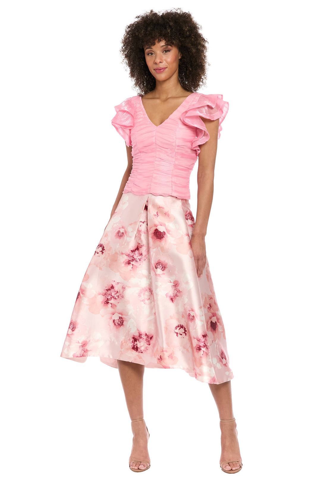 Muse V-Neck Tucked Bodice Flounce Sleeve Top