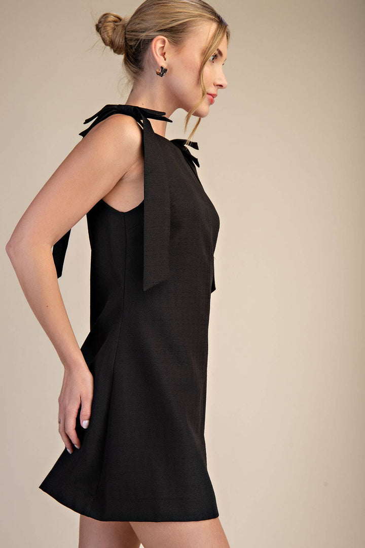 Bow Strap Mini Dress With Straight Neckline