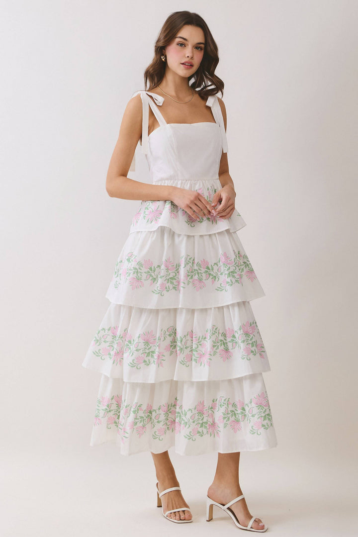 TCEC Floral Tiered Ribbon Strap Maxi Dress