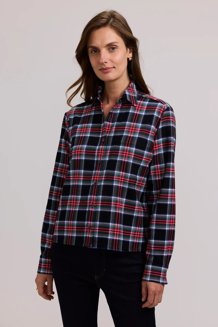 Foxcroft Jodie Holiday Plaid Long Sleeve Short Shirt