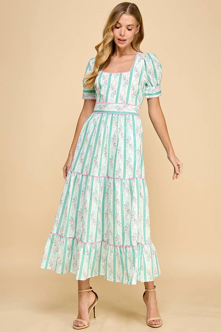 Striped Floral Cinched Waist Midi Dress